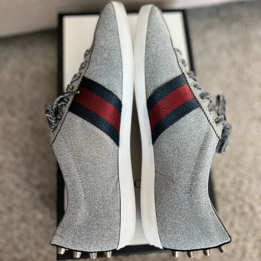 Gucci Silver Glitter Low-Top Sneakers with Navy & Red Web Stripe